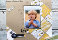 Pick a Pattern traditional scrapbook page using Pieces & Patterns and Sunshine Wishes thinlits, Eimear Carvill www.stampincolour.com