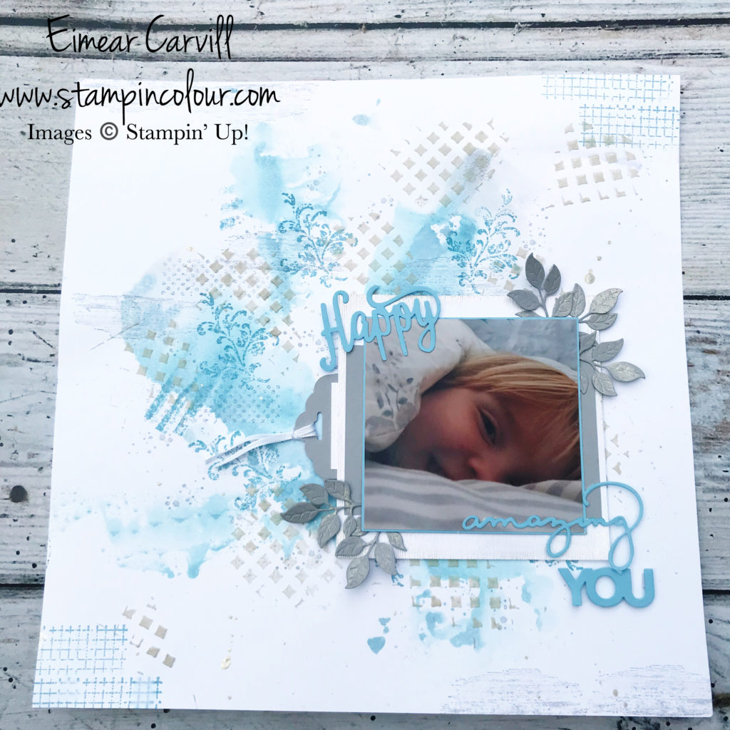 Timeless Textures, Embossing Paste, Mixed Media Scrapbook page, Memory keeping, baby boy scrapbook, balmy Blue, smoky slate, Eimear Carvill, www.stampincolour.com