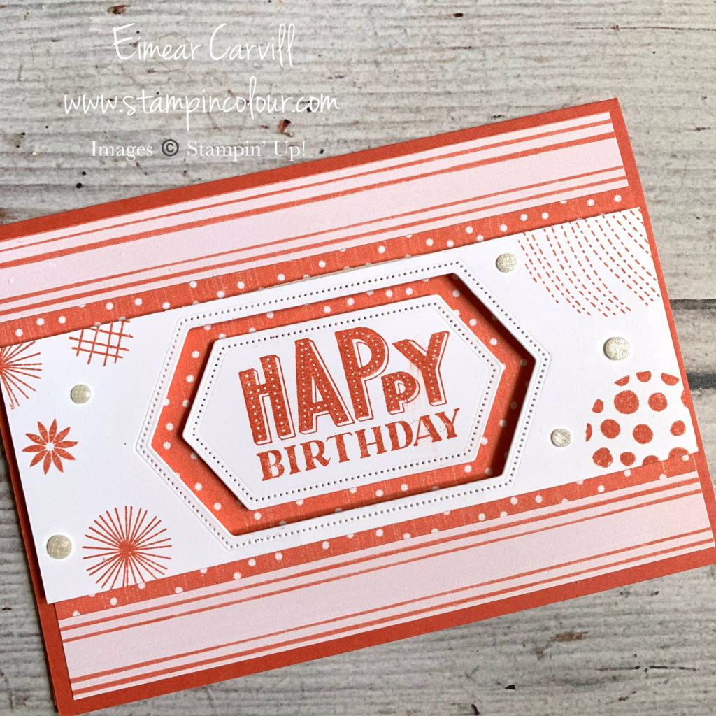 Calypso Coral a birthday card made with bright and funky allaying with Patterns DSP and the soon-to-retire Stitched Nested Labels Dies
