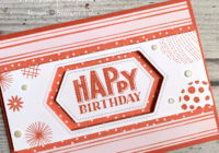 Calypso Coral Birthday card made with bright and funky allaying with Patterns DSP and the soon-to-retire Stitched Nested Labels Dies