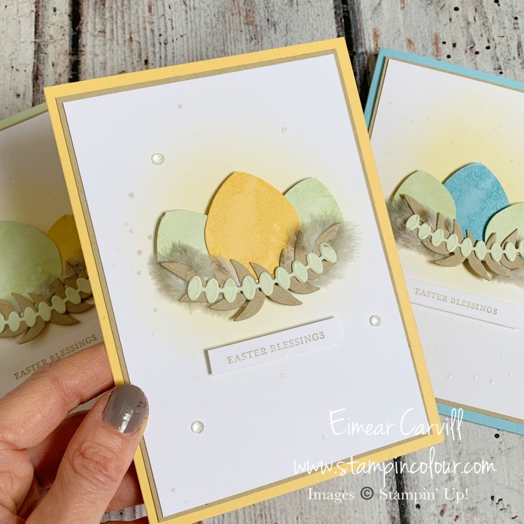 Easter Egg card featuring a nest of pastel eggs made from the Balloon Bouquet punch - including a few little feathers straight from the garden.