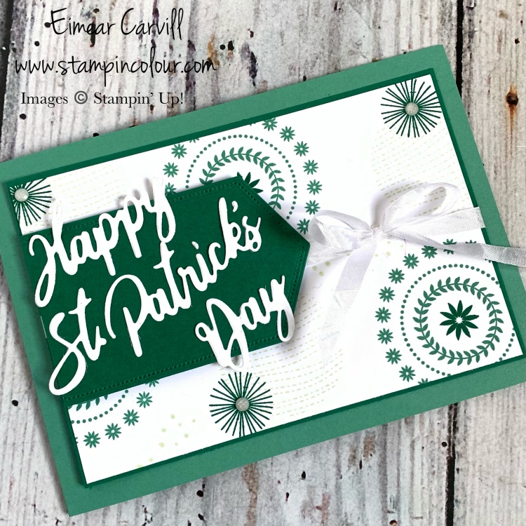 A beautiful St Patricks Day card in shades of green with a handstamped background using Stampin' Ups Circle Celebration.