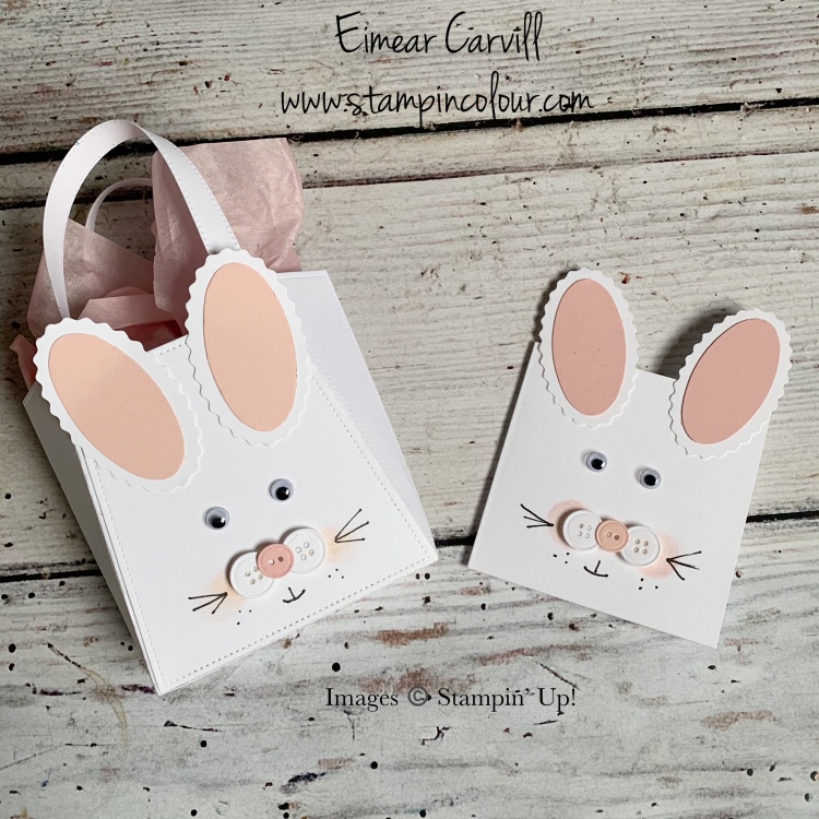the cutest Easter Bunny basket made with the Stmpin' Ups All Dressed Up Dies and the Double Oval Punch for the Bunny Ears