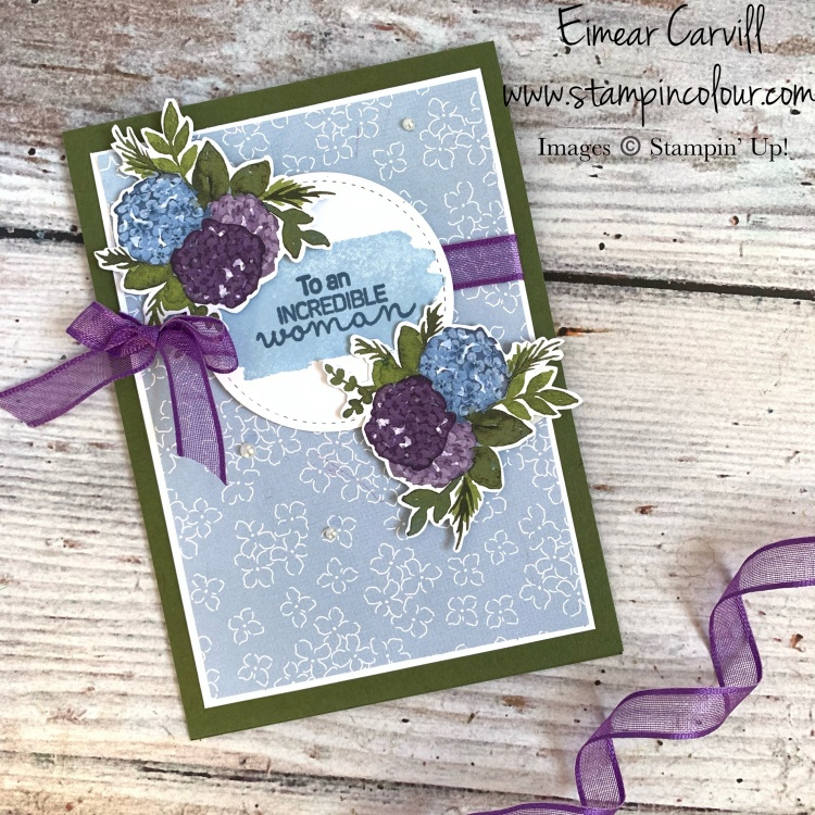 This cards has a blue floral background and features fussy cut hydrangeas from the Hydrangea hill suite from Stampin Up