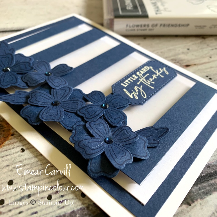 Navy and White breton striped Thank you card with Night of Navy Flowers of Friendship cascading down the left hand side