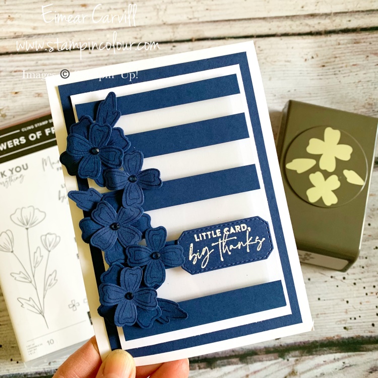 Navy and White breton striped Thank you card with Night of Navy Flowers of Friendship cascading down the left hand side