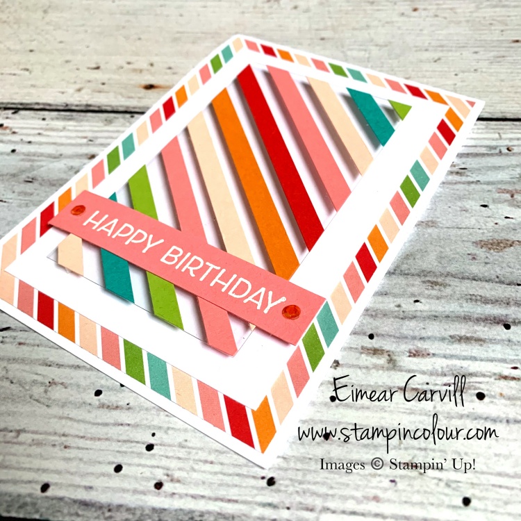A colourful birthday card featuring Pattern Party DSP and the Floating Cardstock technique