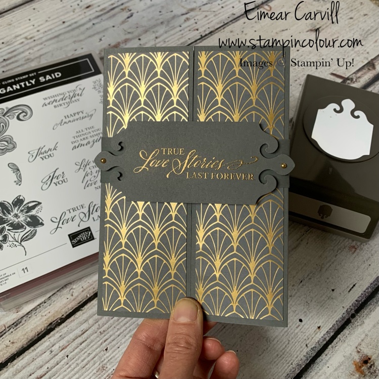 Anniversary gate-fold card featuring greys and golds from the Simply Elegant Suite