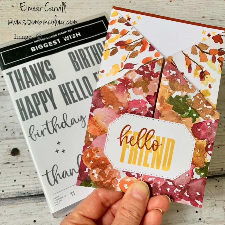 An autumnal themed fancy fold card in shades of Cajun Craze and Merry Merlot featuring the Beauty of the Earth DSP and the Biggest Wish stamp set