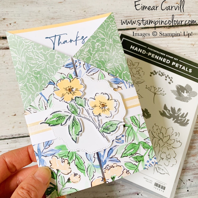 A fresh summer like Gate Fold card using the Hand-Penned suite in shades of Pale Papaya and Garden Green