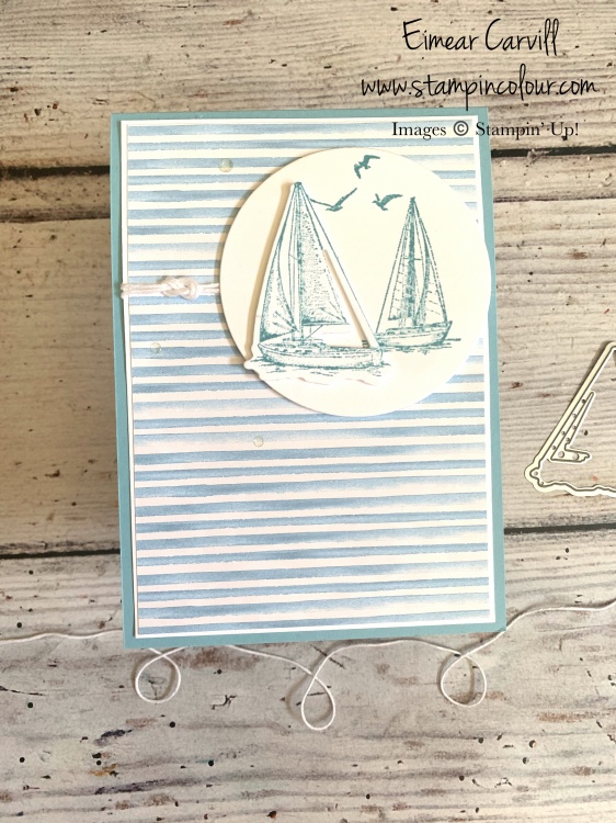 A quick and easy card featuring the Sailing Home stamp set and co-ordinating dies featuring the You're A Peach DSP in shades of Balmy Blue and Basic White