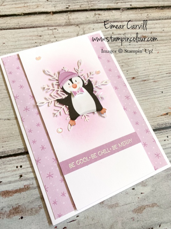 A Cool Christmas card featuring characters and colours from the FREE Sale-a-bration DSP Penguin Playmates available from me with a qualifying purchase in July and Augusts