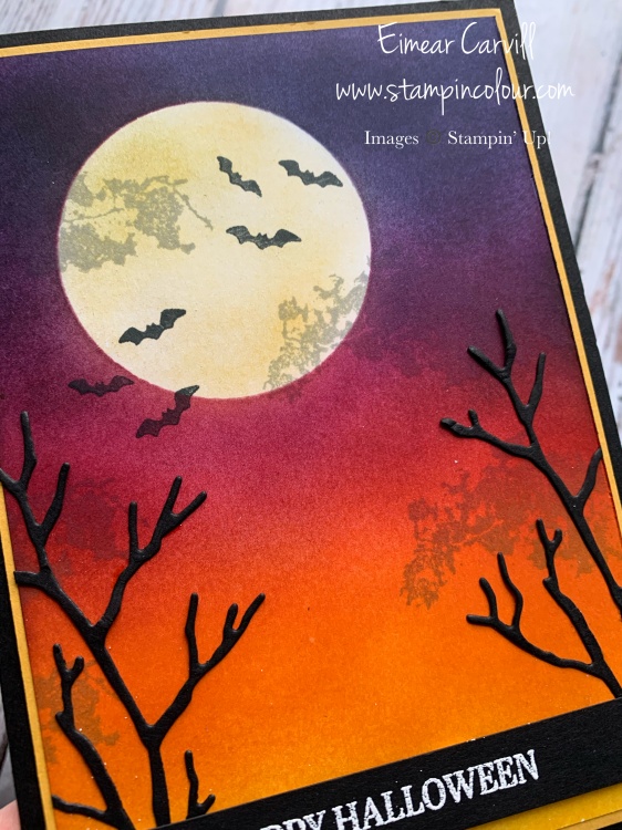 Halloween card featuring a misty sunset sky of beautiful blended inks