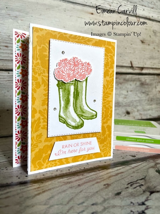 A fun fold featuring the Flowering Rain Boots bundle and the bright and funky Pattern Party DSP