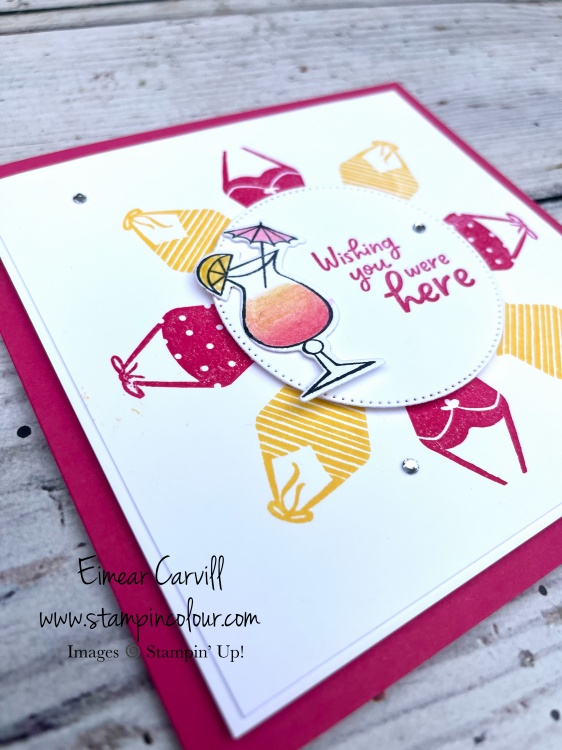 A bright summer sunshine holiday card in shades of Melon Mambo and Daffodil Delight featuring Sunny Splash and Nothings Better Than